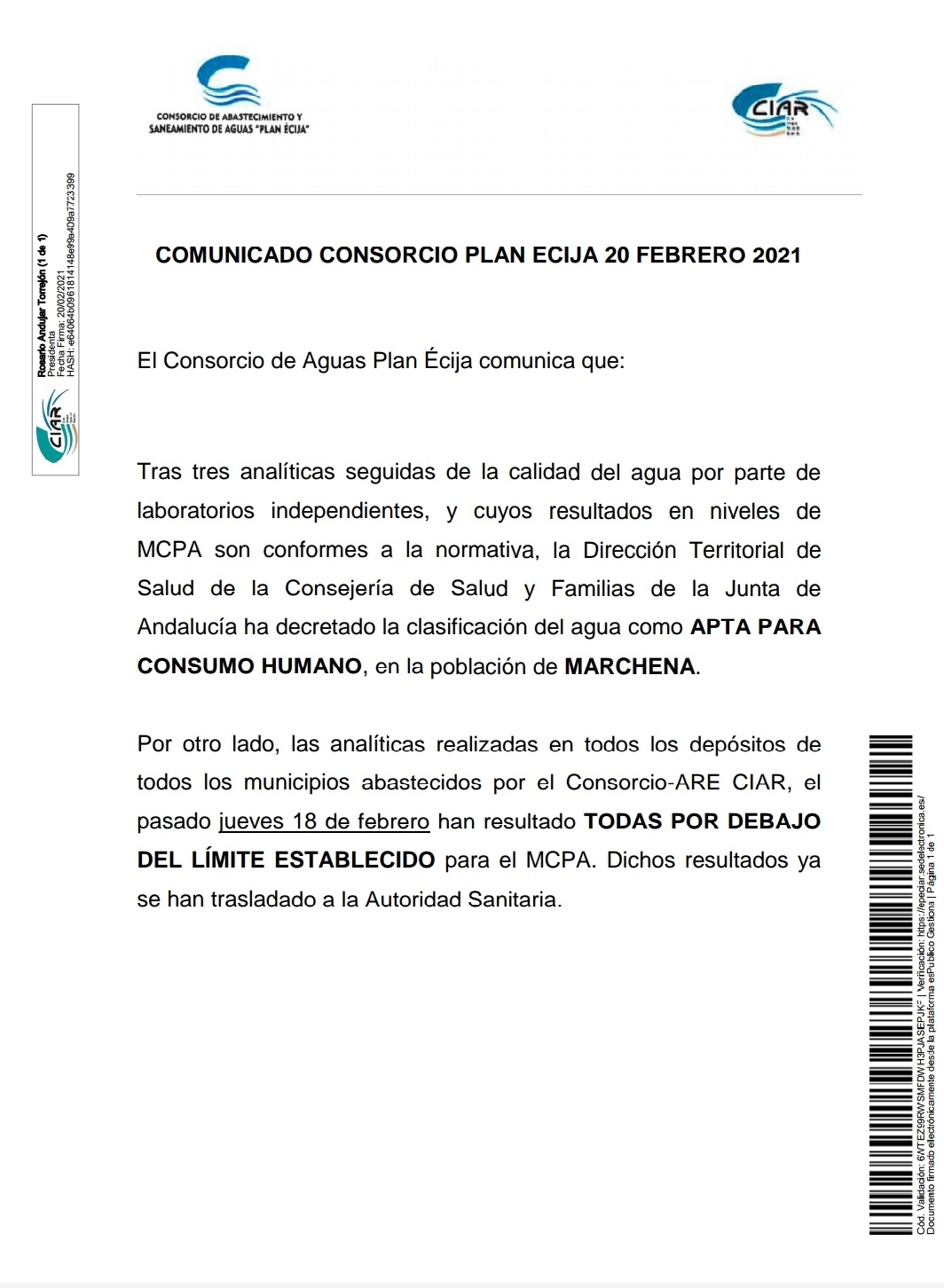 2.-COMUNICADO DEL CONSORCIO DE  AGUAS PLAN ÉCIJA