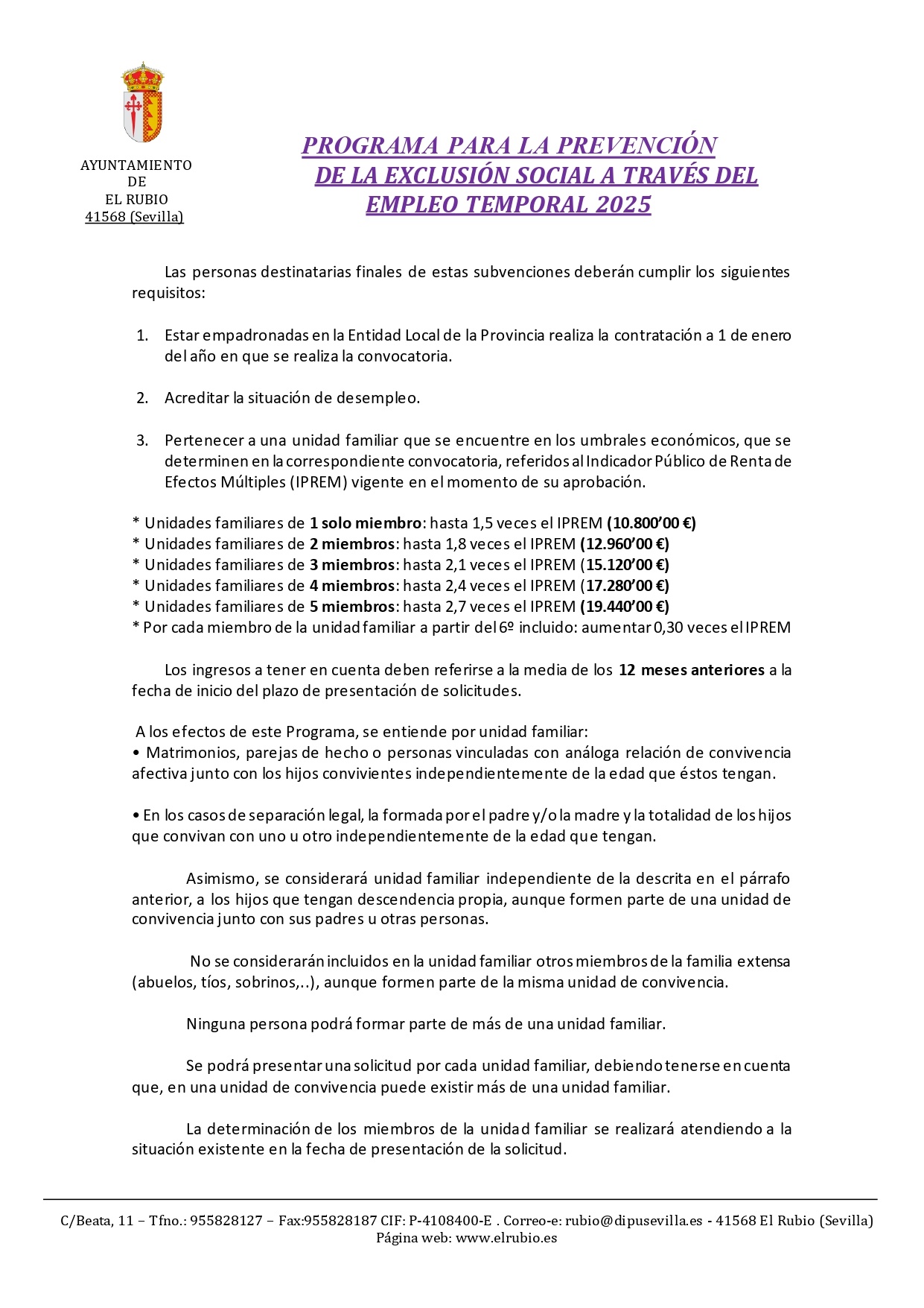 1.-PROGRAMA PARA LA PREVENCIÓN DE LA EXCLUSIÓN SOCIAL A TRAVÉS DEL EMPLEO TEMPORAL 2025