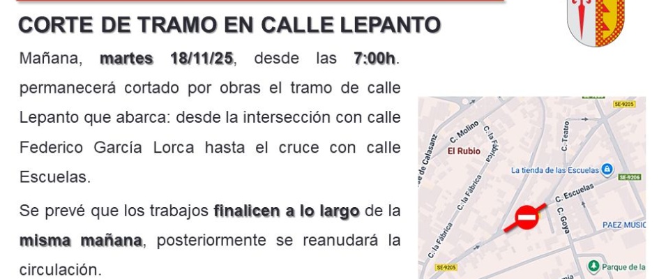 CORTE DE TRAMO EN CALLE LEPANTO DURANTE LA MAÑANA DEL MARTES 18