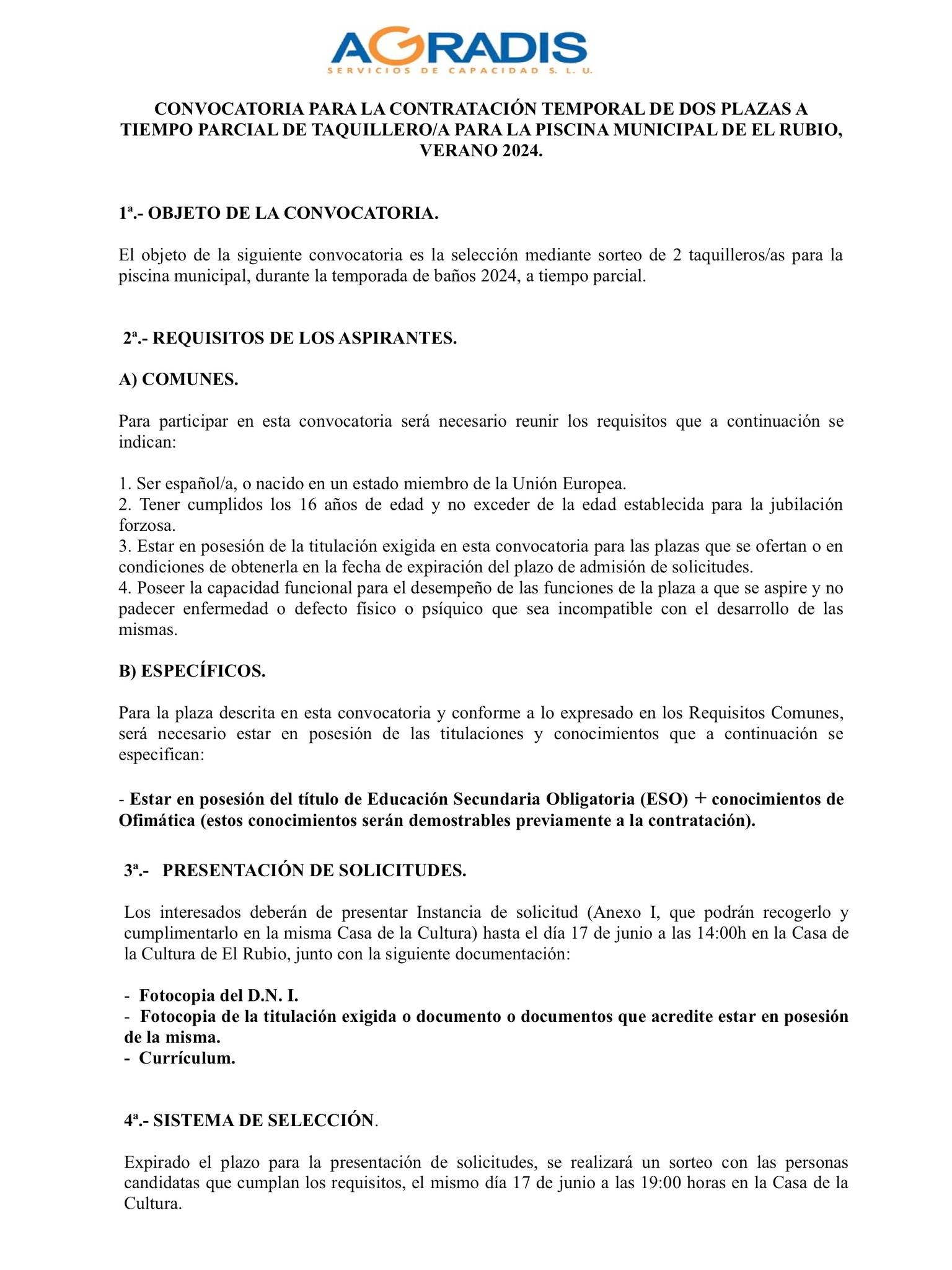 DOS PLAZAS A TIEMPO PARCIAL DE TAQUILLEROA PARA LA PISCINA