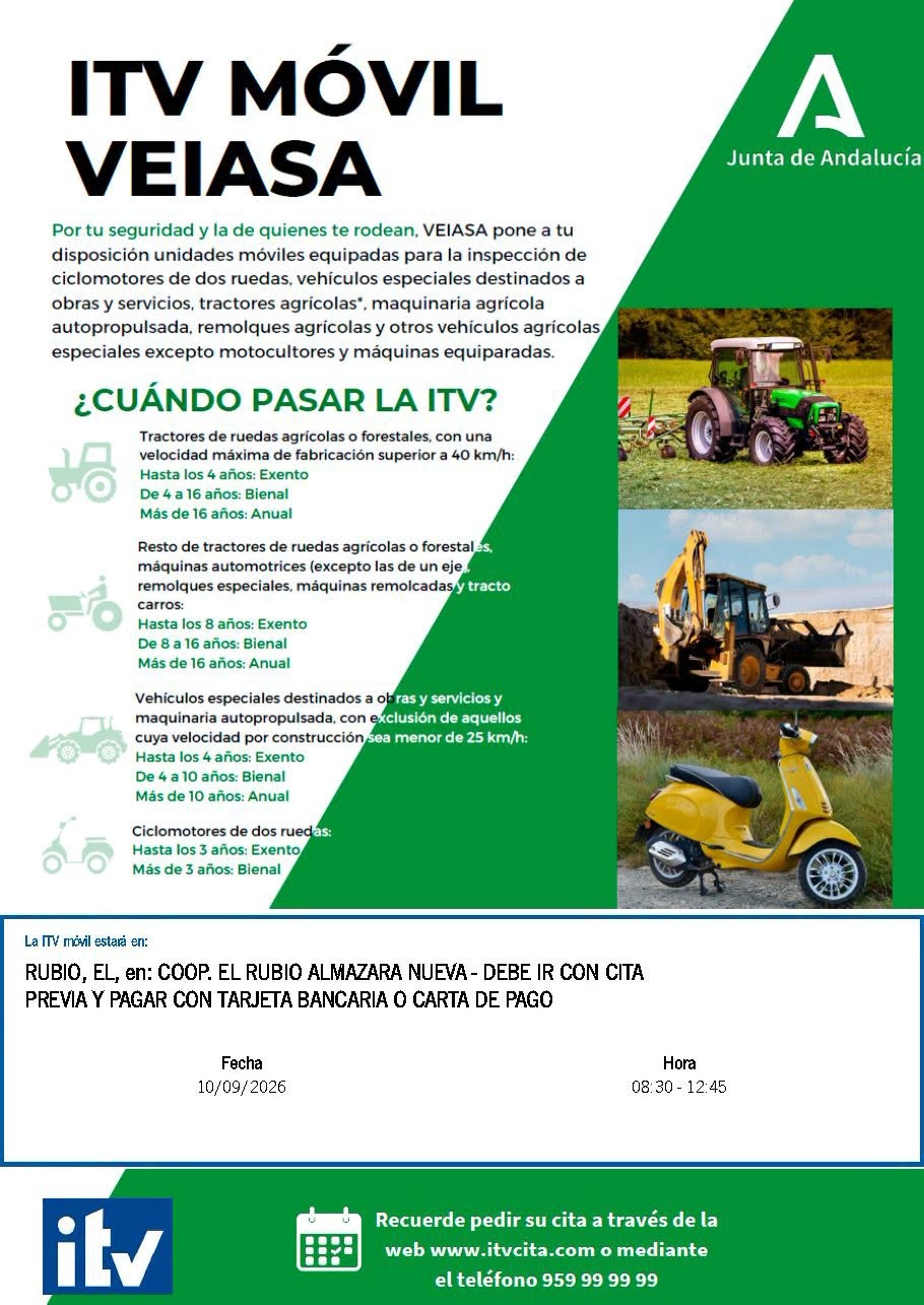 La ITV móvil estará en El Rubio, el día 10 de septiembre de 8.30 a 12.45 h.