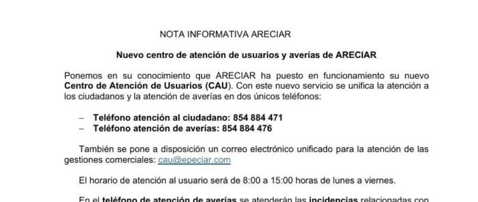 Nuevo centro de atención de usuarios y averías de ARECIAR