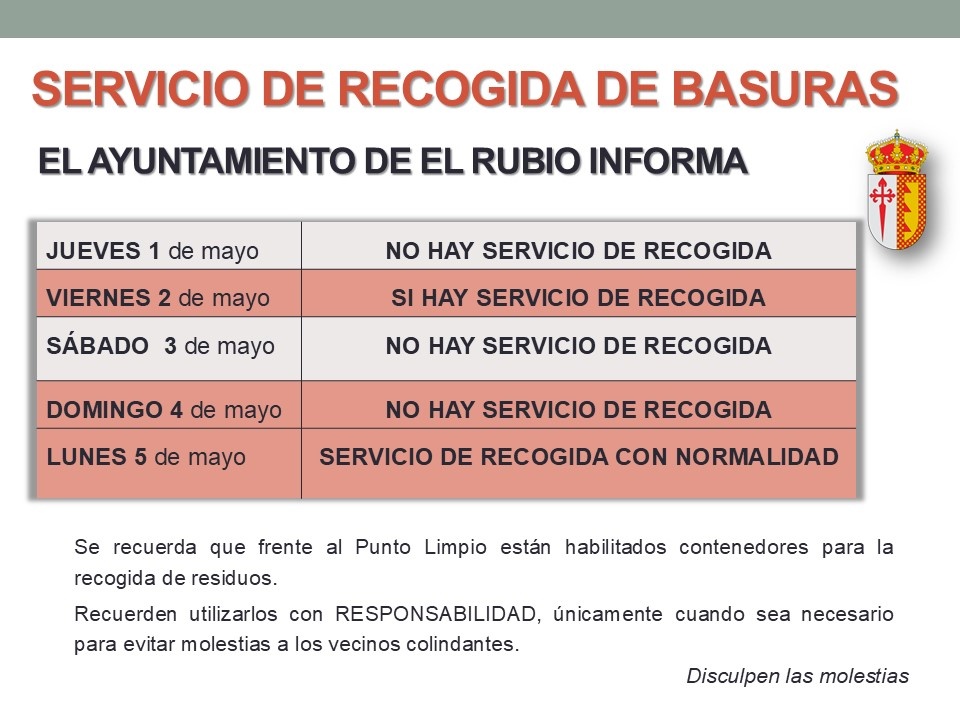 Servicio de recogida de basuras durante el puente de mayo